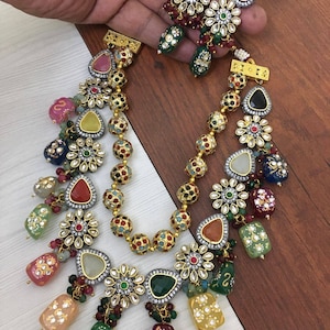 3 layer long Necklace set/Designer necklace set/Multi color set/Victorian Necklace/Long kundan necklace/Navratan set/sabyasachi jewelry/