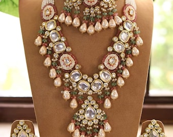 Handmade Meenakari Kundan Bridal Necklace Set, Indian Jewelry