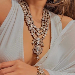 Moissanite Polki Necklace Set: Kundan Indian Rani Haar, Victorian Pearl Jewelry