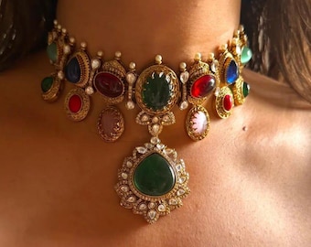 Victorian Polki Diamond Choker: Ruby, Pearl & Moissanite Kundan Necklace