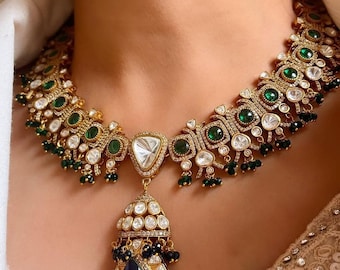 Kundan Choker Necklace Set: Gold Plated, Emerald Green, Sapphire Blue