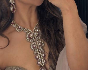 Moissanite Polki Kundan Necklace Earrings Set, Sabyasachi Wedding Jewelry