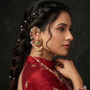 May include: An elaborate gold ear cuff and earring set, adorned with red and green gemstones and dangling pearls. The jewellery is worn by a person in a red top with gold embroidery. The background is a dark, solid colour.