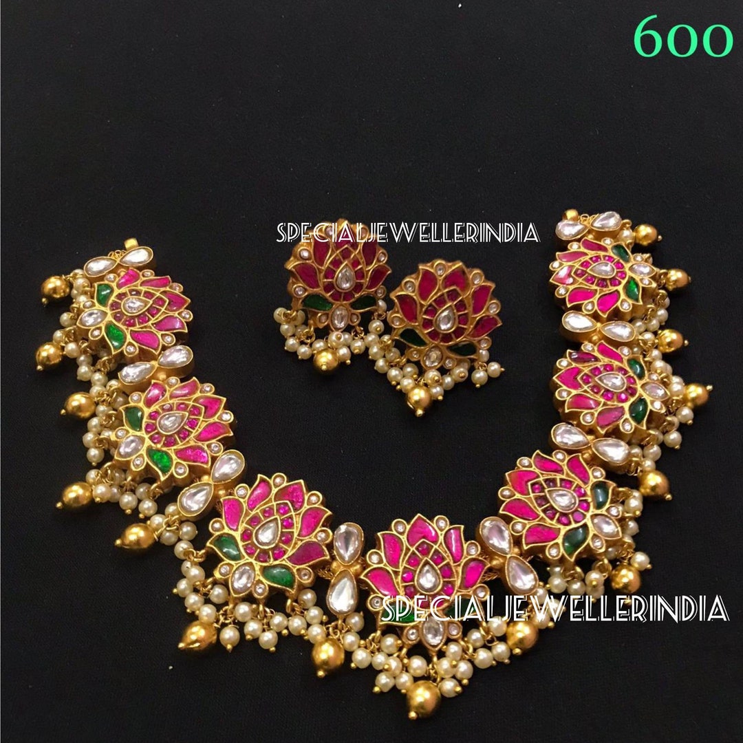 Set Gioielli Indiani Sposa Bollywood – Collana Girocollo E Orecchini Kundan Placcato Oro