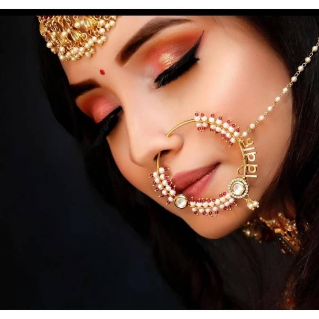 Indian Wedding Nath Golden Nose Ring Designer Nathni Chain Women Fashion  Jewelry | eBay