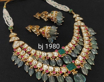Handmade Kundan Necklace Set, Rajwadi Haar, Indian Wedding Jewelry