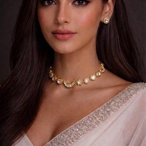 Gargantilla de estrella y luna Polki Kundan hecha a mano, joyería india, elegancia celestial.