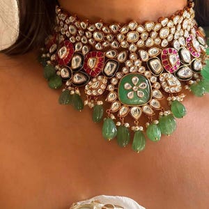 Kundan Brudchoker: Guldpläterad, Rubin, Mintgrön, Jadau Smycken bild 4