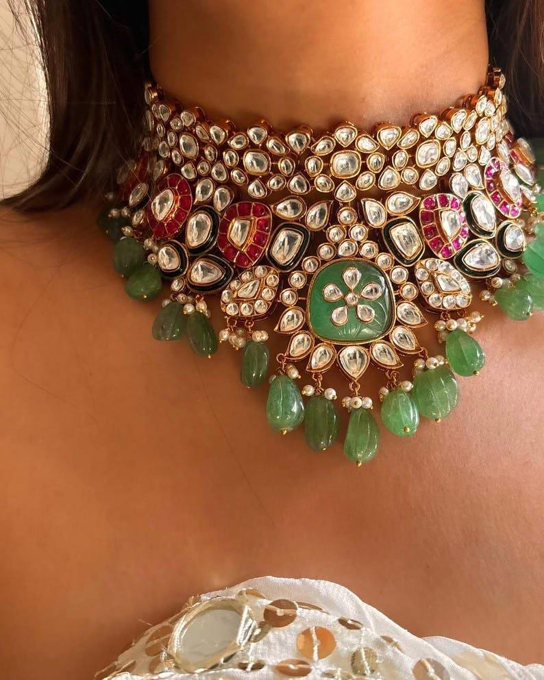 Kundan Brudchoker: Guldpläterad, Rubin, Mintgrön, Jadau Smycken bild 4