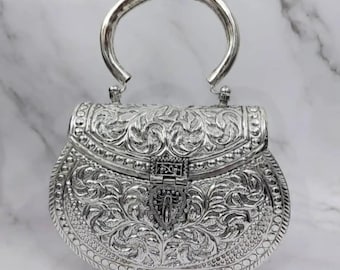 Handmade Silver Metal Clutch: Antique Indian Wedding Purse