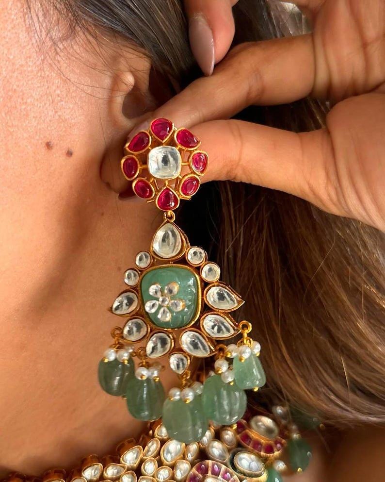 Kundan Brudchoker: Guldpläterad, Rubin, Mintgrön, Jadau Smycken bild 3