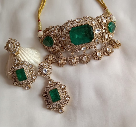 Emerald Choker Necklace: Gold Plated Kundan, Indian Jewelry