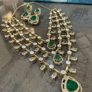 Emerald Green 3-Layer Haram Necklace Set American Diamond & CZ Bridal Jewellery Gold Plated Pakistani Long Necklace Earrings Wedding Jewelry
