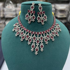 TIYA American Diamond Necklace Set,Silver Necklace Set,Emerald Green Beads Necklace Set,Diamond Jewelry,Indian Cocktail Engagement Jewelry