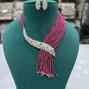REHANA American Diamond Necklace Set,Silver Necklace Set,Emerald Green Beads Necklace Set,Diamond Jewelry,Indian Cocktail Engagement Jewelry