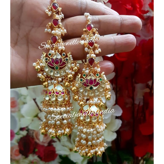 Green White Pearls Beads Kundan Gold Plated Floral Chained Jhumka Earr –  Priyaasi