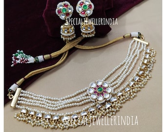 Vergoldeter Pachian Kundan Choker, Kundan Choker, Indischer Schmuck, Perlen Choker