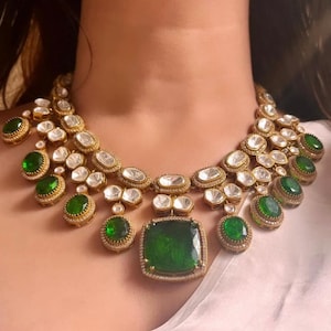 Fine Gold Finish Emerald Green Doublet Stones Uncut Moissanite Polki Kundan Wedding Jewelry Necklace Set with Earrings Sabyasachi Jewelry
