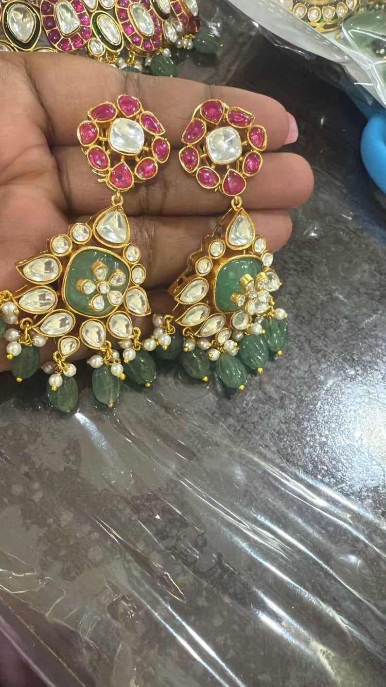 Kundan Brudchoker: Guldpläterad, Rubin, Mintgrön, Jadau Smycken bild 5