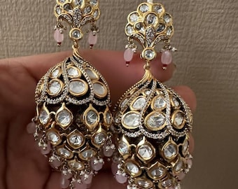 Polki Kundan Jhumki Earrings with Mint and Ear Chain, Bridal Earrings