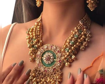 Kundan Golden Pearl Halskette Set, mehrschichtigen indischen Schmuck