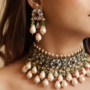 ZIYA Premium Pakistani Choker Necklace Set Victorian Antique Gold Emerald Green Ruby Red Moissanite Polki Kundan Pearl Zirconia Diamond Set