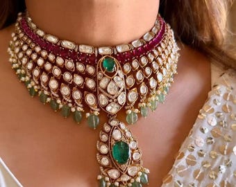 Smaragd Rubin Kundan Choker: Polki Halskette, Mint Drop Set