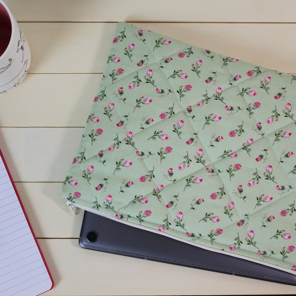 Handmade Quilted Laptop Sleeve in Green & Pink Ditsy Floral