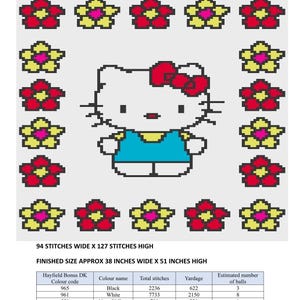 May include: A cross-stitch pattern for Hello Kitty, featuring a pixelated image of Hello Kitty in a blue dress with a red bow. The pattern includes 94 stitches wide by 127 stitches high, and the finished size is approximately 38 inches wide by 51 inches high. The pattern uses 10 different colors of yarn, including black, white, neon yellow, signal red, azure, and pink.