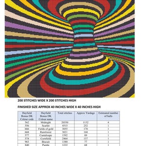 May include: A colorful cross-stitch pattern titled "Coloured Vortex." The design features an optical illusion with concentric bands of color, including yellow, purple, and green. The finished size is approximately 40 inches wide by 40 inches high.