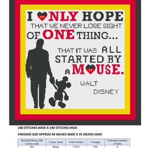 May include: Cross-stitch pattern with a black, red, yellow, and white color scheme. The text reads "I only hope that we never lose sight of one thing... that it was all started by a mouse." Includes a silhouette of a man and Mickey Mouse. Finished size is approximately 44 inches wide x 35 inches high.