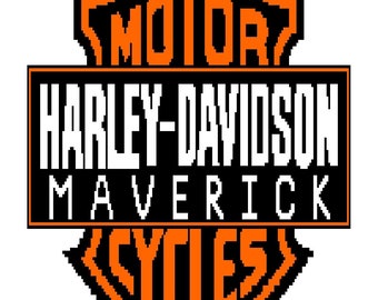 May include: A black and orange Harley-Davidson logo with the words "MOTOR", "HARLEY-DAVIDSON", "MAVERICK", and "CYCLES" in white.