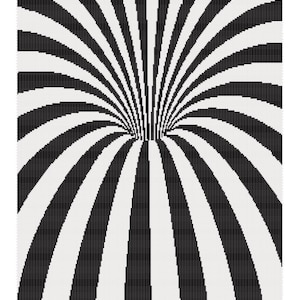 Puede incluir: Patrón de crochet en blanco y negro con un diseño de ilusión óptica en espiral. El patrón está formado por rayas blancas y negras alternas que crean una sensación de profundidad y movimiento.