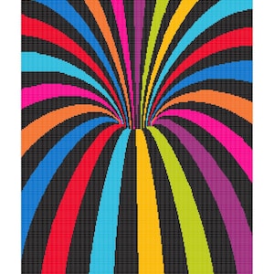 Puede incluir: Un patrón de crochet colorido con un arcoíris de colores que irradian desde un punto central. El patrón está sobre un fondo negro e incluye una cuadrícula para facilitar el conteo. El texto "All Things Cute and Crochet" está incluido en la imagen.