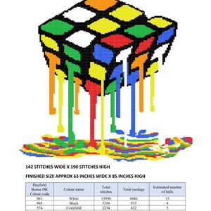 May include: A pixelated image of a Rubik's Cube with a dripping effect. The cube is made up of various colours, including white, black, orange, yellow, green, and blue. The finished size is approximately 160 cm wide and 216 cm high.