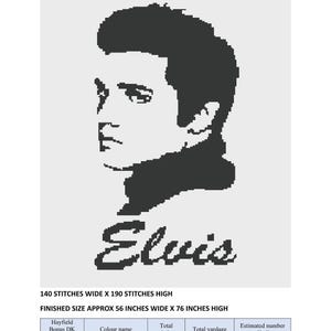 Könnte beinhalten: Schwarz-weißes Pixel-Art-Kreuzstichmuster von Elvis Presleys Gesicht. Das Muster ist 140 Stiche breit und 190 Stiche hoch und ergibt ein fertiges Stück, das etwa 142 cm breit und 193 cm hoch ist. Das Muster verwendet zwei Farben: Weiß und Mitternachtsblau.