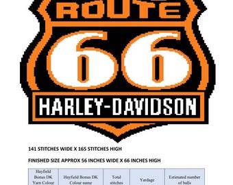 May include: A digital pattern for a Route 66 Harley-Davidson graphic featuring orange and black text and borders. The design includes a table with yarn color codes, stitch counts, and yardage, noting a finished size of 56 inches by 66 inches.