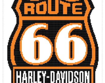 May include: Orange and black Route 66 sign with Harley-Davidson text. The sign is in the shape of a shield with a pointed bottom.