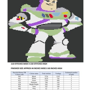 May include: A pixel art pattern of Buzz Lightyear featuring white, purple, green, and black colours. The document includes the text CODE 67, BUZZ LIGHTYEAR, C2C, 110 STITCHES WIDE X 150 STITCHES HIGH, and a table listing yarn colours, yardage, and ball counts.