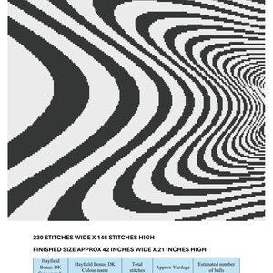 May include: Black and white Vortex Swirl design. The finished size is approximately 42 inches wide by 21 inches high. The design uses black and white yarn, with a total of 33,580 stitches.