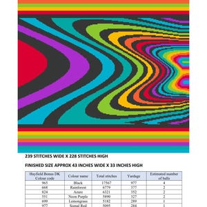 May include: A colorful swirl pattern design with a variety of colors including black, red, purple, green, and orange. The finished size is approximately 43 inches wide by 33 inches high.