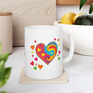 Colorful Heart Rainbow Ceramic Mug, Love Mug, Gift for Friends, Cute Coffee Cup, Valentine&#39;s Day Present, Cheerful Drinkware
