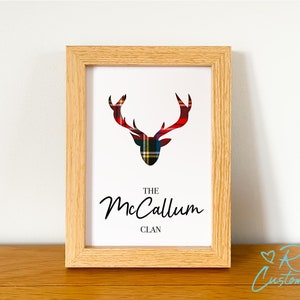Stag Tartan Cutout with Clan Name Framed Art
