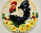 Beautiful ceramic Country style Hen and Rooster Plates Hand painted .
