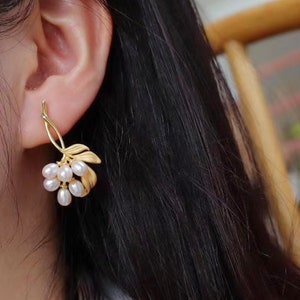 Cluster Pearl Earrings,gold leaf earrings,Freshwater Pearl  Drop Earrings,gold twig earrings,925 Silver Gold Plated,unique gif for her