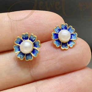 Daisy Flower Stud Earings ,for Kids ,Blue Enamel Floral  Earrings,Natural Freshwater Pearl Post Earrings,Sterling Silver 18K Gold Vermeil