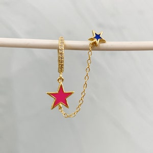 Star Enamel Hugging Hoop Chain Orecchini, Orecchino doppio piercing con argento sterling, Piccoli orecchini CZ, Orecchino catena, Orecchini collegati