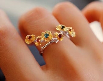 Multi Tourmaline Ring,Cherry Blossom Ring,Flower Ring,Gemstone Statement Ring,Dainty Branch Ring, Cocktail Ring, Ring For Women, Boho Ring