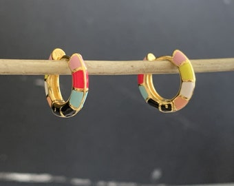 Colorful Enamel Hoop Earrings, Gold Plated Leverback Earrings, Retro Huggie Earrings ,Bohemian Hoop Earrings, Cute Earrings,Gift for Her