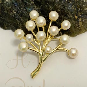 Vintage Pearl Tree Brooch: Gold Plated Brass Floral Pin